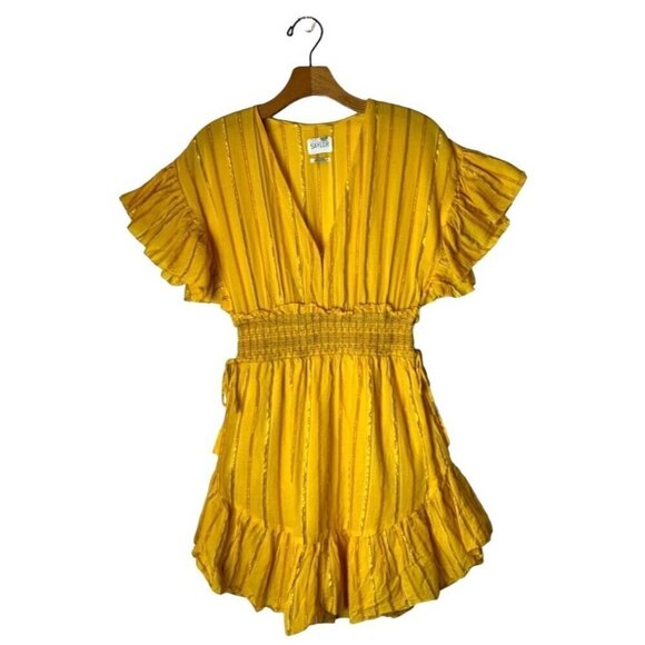 Saylor Dress Womens Small Yellow Cotton Flutter Sleeve V Neck Adrianne Mini - Picture 2 of 12